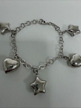 Sterling Silver Silver Heart & Star Charm Bracelet - Women's Jewelry